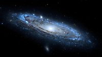 Spiral galaxy with blue and white stellar formations against dark space, featuring bright galactic core and surrounding star clusters for astronomy and science education.
