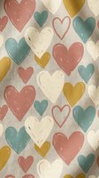 Seamless pattern with colorful hearts in coral pink, teal, mustard yellow and cream on textured linen background. Romantic repeating design for fabric.