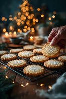 Hand reaching for freshly baked shortbread cookies on cooling rack with festive bokeh lights in background, creating warm holiday atmosphere.
