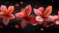 Delicate coral hibiscus flowers floating in dark space with glowing particles and bokeh effects create dreamy atmospheric composition. Soft petals catch light dramatically.