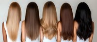 Five women with different hair colors from blonde to black showing long straight and wavy hairstyles from behind, wearing white tops, beauty salon concept.