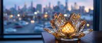 Crystal lotus candle holder glowing warmly on windowsill with blurred city skyline at dusk. Elegant home decor accent piece for meditation and relaxation spaces.