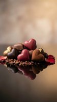 Assorted chocolate bonbons and heart-shaped confections dusted with cocoa powder, arranged on dark surface with rose petals for Valentine's Day, romance, and luxury dessert concepts.