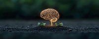 Wooden brain symbol growing from soil with green leaves, representing mental growth, psychology, mindfulness and personal development on dark background.
