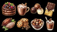 Chocolate themed clipart set with cake, hot cocoa, truffles, bars, cacao pod, cookies, nuts and mousse, isolated on transparent background for stickers, print on demand.