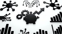 Financial technology concept with piggy bank, circuit patterns, gears and growth charts on white background for business presentations and fintech designs.