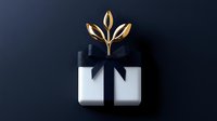 White gift box with elegant navy blue ribbon bow and golden decorative leaf ornament on dark background, luxury present concept for special occasions.
