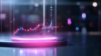 Futuristic trading platform visualization with glowing pink chart hologram floating above circular podium against dark background with bokeh lights and lens flares.