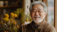 Cheerful elderly Asian man with gray beard and glasses wearing brown sweater smiling warmly in cozy home interior with yellow flowers for lifestyle content.