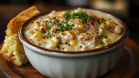 Creamy potato gratin with golden cheese crust and fresh herbs served in rustic ceramic bowl with crusty bread slice for comfort food dining experience.