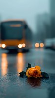 Yellow rose lying on wet asphalt with defocused bus and city lights in rainy evening, creating moody atmospheric scene with reflections and bokeh effect.