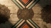 Ornate mandala design on rustic wood background with decorative frame elements creating symmetrical pattern for interior design and meditation spaces.