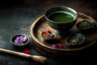Traditional matcha green tea ceremony setting with bamboo whisk, ceramic bowl, purple flowers and rose petals on dark rustic wooden tray. Moody food photography.
