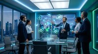 Business team discussing sustainable energy solutions with holographic display showing renewable power icons and environmental data in modern office.