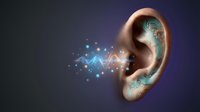 Futuristic human ear with glowing digital circuit patterns and blue light particles streaming from ear canal on dark gradient background for tech concepts.