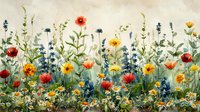Vibrant watercolor wildflower meadow with red poppies, yellow daisies, and blue cornflowers against soft beige background, creating romantic botanical garden scene.