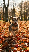 Mixed breed dog running through autumn leaves in park with bare trees, enjoying fall season outdoors.