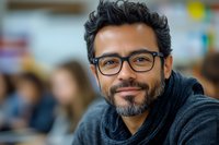 Middle-aged Hispanic man with glasses and salt-pepper beard wearing dark sweater smiles warmly at camera, professional headshot style portrait in office environment.
