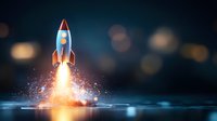 Retro rocket launching from water surface with fire blast and sparkles against dark bokeh background, business startup concept for presentations.