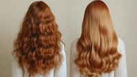 Long wavy copper and strawberry blonde hair shown from behind on light background, demonstrating different hairstyles and hair coloring techniques for beauty salon.