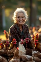 Happy elderly Asian woman farmer smiling while tending to chickens and roosters on rural farm during golden hour sunset light for agriculture lifestyle content.