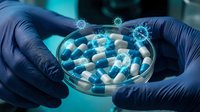 Scientist in blue gloves holding petri dish with blue and white capsule pills, pharmaceutical research and drug development concept for medical and healthcare applications.