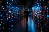 Silhouette of person walking through futuristic digital corridor with glowing blue data streams and light effects creating immersive technology environment.