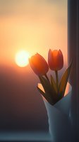 Red tulips in white vase silhouetted against golden sunset sky through window, creating romantic atmospheric mood with soft dreamy lighting effect.