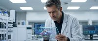 Mature male scientist with gray hair and facial hair, wearing white lab coat over dark shirt, examining holographic data visualization in modern laboratory setting with equipment and screens in background.