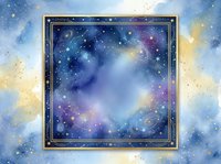 Ornate golden frame with cosmic starry night sky background featuring purple blue nebula clouds and sparkling stars for celestial artwork displays.