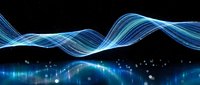 Abstract blue energy waves flowing across dark background with glowing particles and light effects for digital technology and futuristic design concepts.