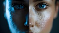 Split face portrait showing contrasting lighting effects - one side in cool blue shadow, other in warm natural light revealing skin texture and bright eye detail.