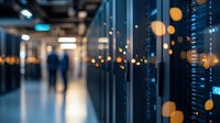Server room with blurred silhouette of technician walking through corridor of data center racks illuminated by blue LED lights and bokeh effects. Modern technology concept.