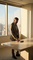 Middle-aged Caucasian male executive in brown blazer standing at wooden desk in high-rise office with city skyline view, natural sunlight streaming through large windows, professional business environment.