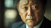 Close up portrait of mature Asian businessman with serious expression wearing dark suit, dramatic lighting creates professional corporate atmosphere.