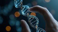 Glowing DNA helix structure with human hand reaching towards genetic code strand against dark background with bokeh lights, representing biotechnology research.
