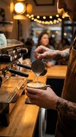 Barista with tattooed arms pouring steamed milk into espresso cup at wooden counter, creating latte art in warm cafe ambiance with golden string lights and blurred customers in background.