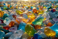 Colorful sea glass pieces in sunlight creating magical bokeh effect, close-up view of translucent beach glass fragments with warm evening light shining through.