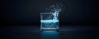Glowing blue liquid splashing in glass against dark background creates dynamic motion effect, particles scattering in air. Dramatic lighting highlights movement.