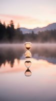 Hourglass floating above calm lake water with perfect reflection at sunset, symbolizing time passage, mindfulness and life balance in serene mountain landscape.