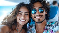 Young Asian woman and Hispanic man taking selfie on vacation, wearing sunglasses with beach reflection. Genuine smiles and casual summer style create authentic moment.