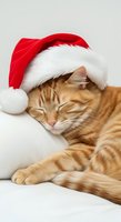 Orange tabby cat wearing red and white Santa hat, sleeping peacefully on white surface. Holiday festive pet portrait for seasonal greeting cards and Christmas marketing.