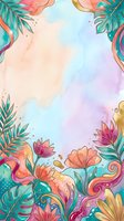 Colorful watercolor floral frame with tropical leaves, pink blooms, and gold accents on a pastel background, great for cards and posters.