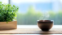 Steaming hot tea in black ceramic bowl on bamboo mat near green plant in wooden box, morning meditation setting with soft window light background.