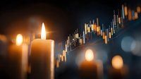 Glowing candles with financial trading chart overlay showing market data analysis and investment growth trends in atmospheric lighting.