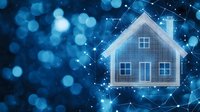 Glowing digital house icon connected with network lines on dark blue bokeh background, representing smart home technology and IoT connectivity.