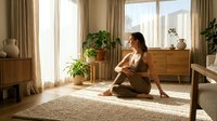 Woman in casual beige clothing sitting on woven rug in bright, minimalist living room with wooden furniture, potted plants, and natural sunlight for wellness and lifestyle content.