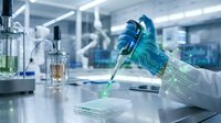 Scientist in protective gloves using precision pipette for green liquid sample analysis in modern laboratory research facility for biotechnology experiments.