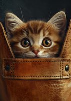 Adorable ginger kitten with big brown eyes peeking out from leather bag pocket, creating heartwarming moment against dark background. Perfect for pet-related designs.