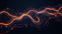 Abstract flowing light trails with glowing orange particles creating dynamic wave patterns on dark background for digital technology concepts.